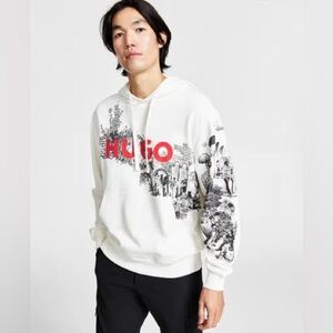 HUGO White Hoodie with Red Logo and Black Graphics